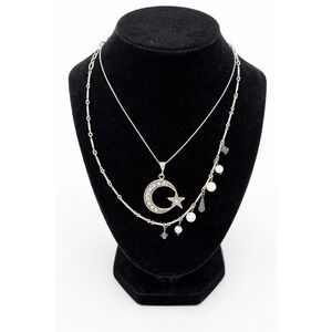 925 Sterling Silver Moon Star CZ Pendant Necklace + Layered Charm Chain‎ Set